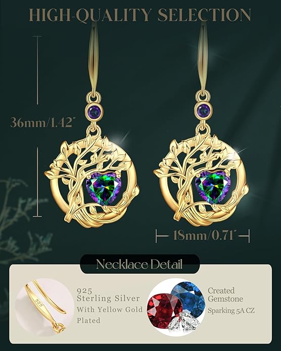 FANCIME Tree of Life Dangle Drop Earrings 925 Sterling Silver Dainty Round Gemstone Birthstone Earring Fine Jewelry Birthday Christmas Gifts for Her Women