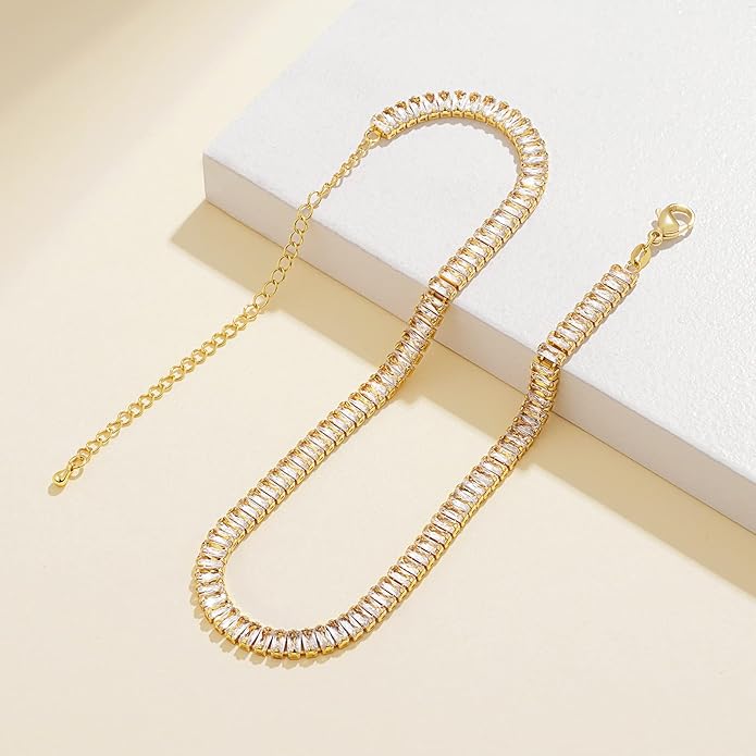 KissYan Diamond Tennis Necklace for Women, 14K/White Gold Plated Cubic Zirconia Baguette Tennis Chain Chunky Paperclip Link Cuban Choker Necklace Dainty Jewelry Gifts