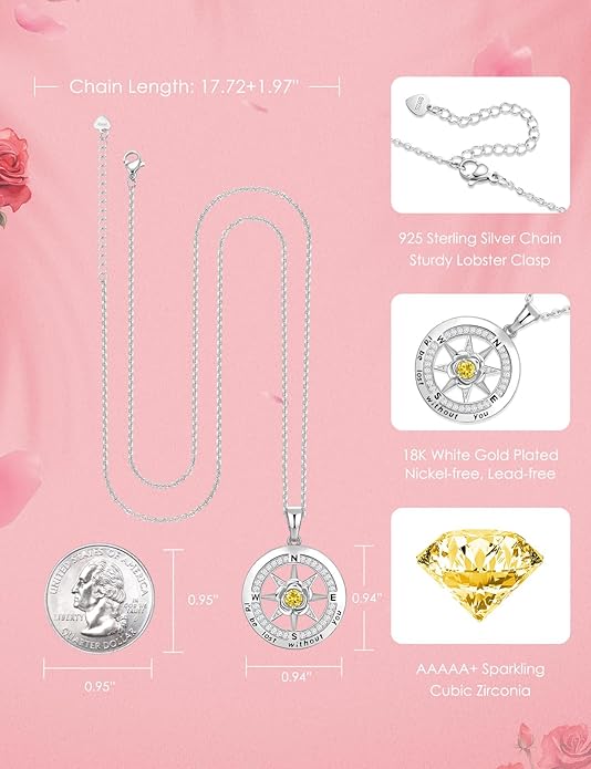 Silver Compass Necklace for Women Birthday Gifts for Wife Anniversary Necklace for Women Rose Flower Birthstone Necklaces for Wife Jewelry for Womens Girlfriend Mom Daughter