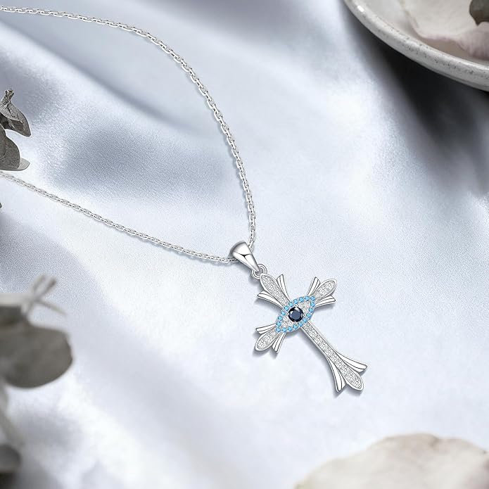 Evil Eye Cross Necklace Third Eye Protection Faith Cross Pendant Necklace Sterling Silver Gift for Women Birthday Christmas