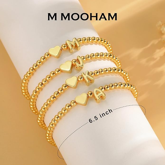 M MOOHAM Stocking Stuffers for Teen Girls Women - Dainty Gold Initial Beaded Bracelets for Women Trendy, Charm Letter A-Z Personalized Bracelet Jewelry Kids Christmas Gifts