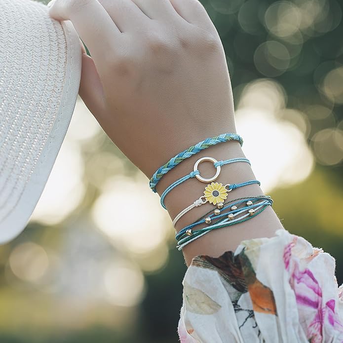 FANCY SHINY Sunflower String Bracelet Boho Braided Rope Wrap Bracelets Cute Summer Beach Surfer Jewelry for Women