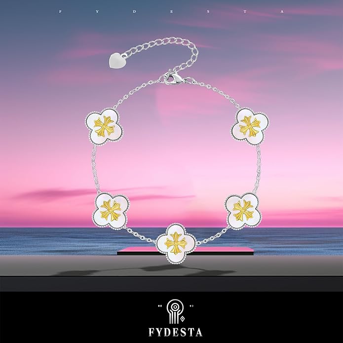 Fydesta 18K Gold Plated Clover Bracelet, Mother of Pearl Four Leaf Flower Bracelet for Women, 6.9" + 2" Adjustable Bracelet, Cross Motif, Gold or Silver Tone