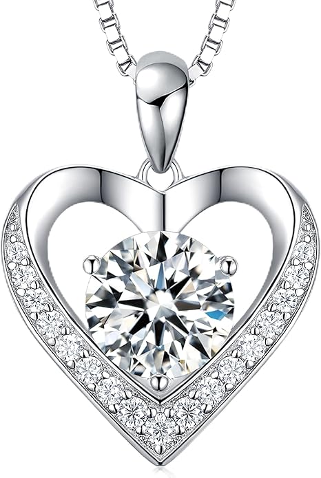 Moissanite Necklace for Women, Heart Pendant Engraved 'I Love You' Gifts for Wife, Valentine's Day Gift Anniversary Eternity Birthday Present Sterling Silver Jewelry for Her