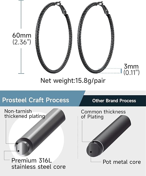 PROSTEEL 30/40/60/80/100mm Chunky Hoop Earrings For Women Gold Plated/Black Stainless Steel Hoops Earrings Statement Jewelry