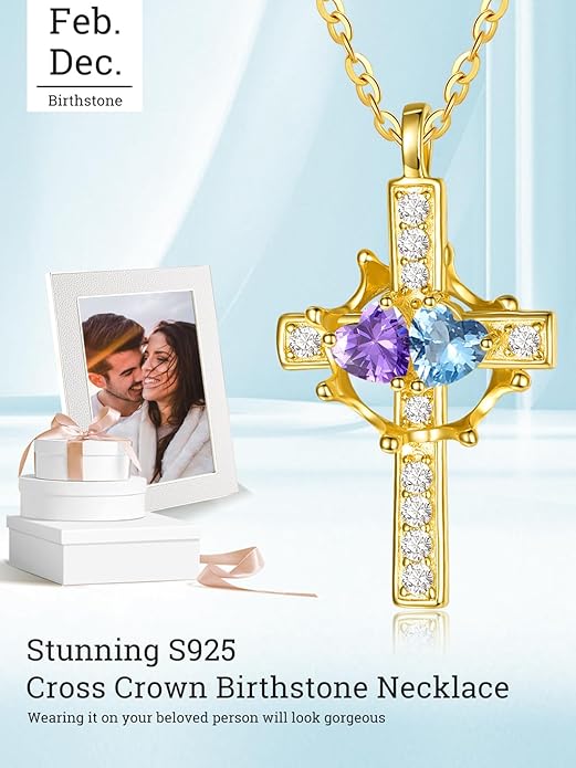 Zeuslia Double Birthstone Necklace Gifts for Wife - 925 Sterling Silver Sunflower/Rose/Crown Cross/Compass/Heart Pendant I Love You Necklace, Anniversary Birthday Gifts for Wife Girlfriend Mom Her