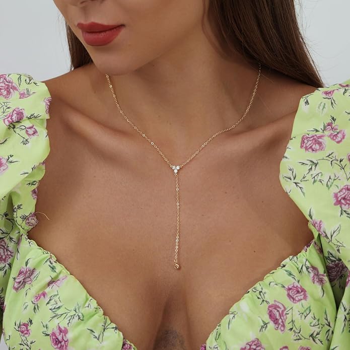 Gold Y Necklace for Women 14K Gold Plated Y-Shaped Drop Necklaces CZ Long Necklace Cubic Zirconia Pendant Layered Long Lariat Necklace Women Jewelry