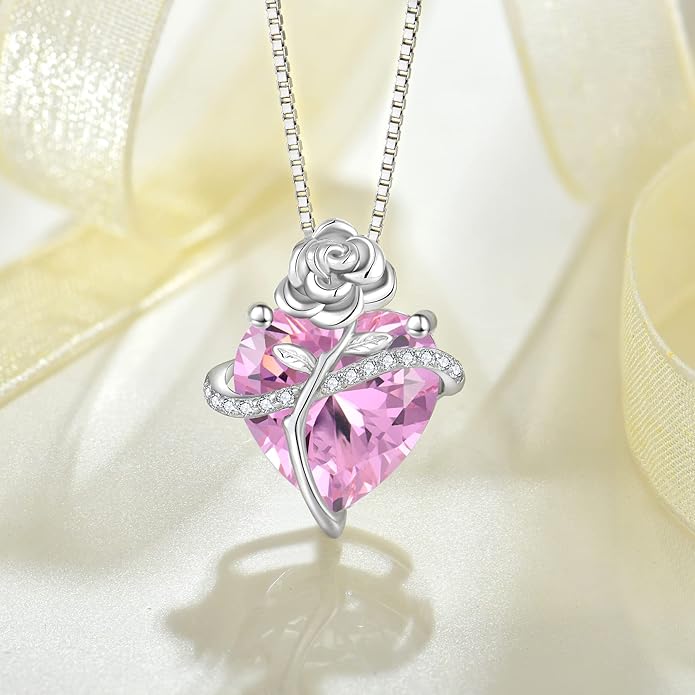 Birthstone Necklace for Women 925 Sterling Silver Love Heart Rose Flower Necklace Dainty Jewelry Gifts for Women Wife Girlfriend Mother Daughter Her