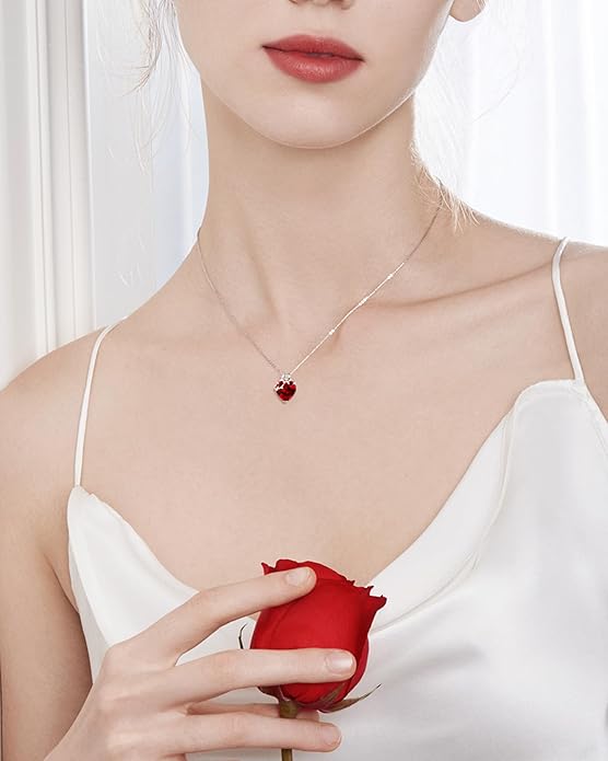 FANCIME 14K Solid White Gold Rose Pendant with Sterling Silver Chain Heart Birthstone Gemstone Fine Jewelry Christmas Gifts for Women Her