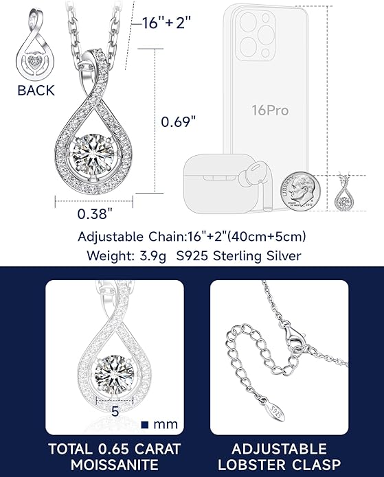 MomentWish Necklace for Women, Sparkling Gift for Her, 1Carat Moissanite Heart Pendent for Her, 925 Sterling Silver Dance Necklace for Anniversary Christmas Valentines