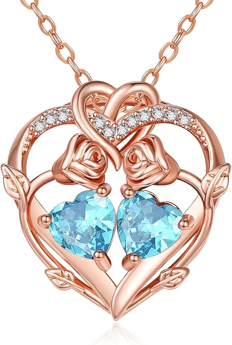 Rose Gold Necklaces for Women Double Birthstone Rose Flower Heart Pendant Necklace Jewelry Anniversary Christmas Valentine's Mother's Day Birthday Gift for Wife Mom Her Girlfriend Sister