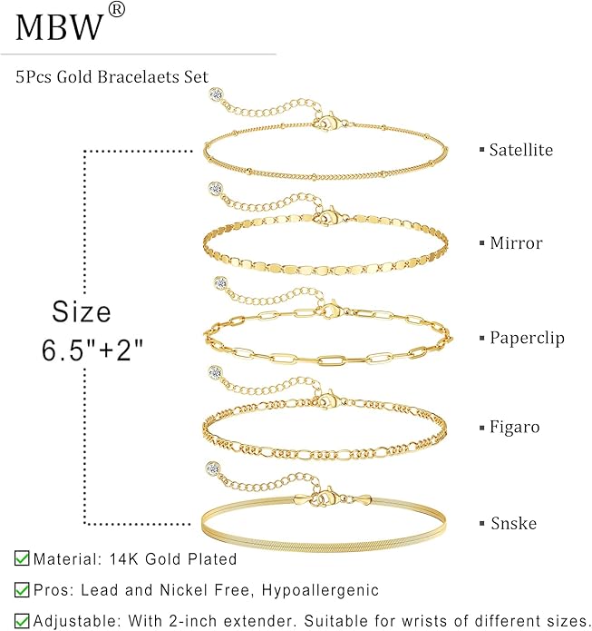 DEARMAY 14K Gold Plated Bracelets for Women, Jewelry Sets Cute Tennis Beaded Bracelets Cuban Link Paperclip Chain Dainty Bracelet Pack Gifts