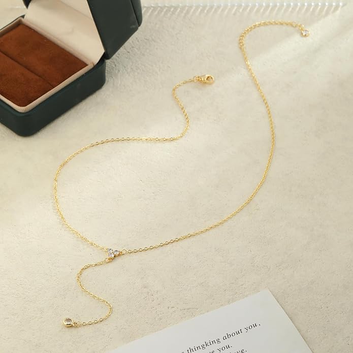 Lariat Gold Necklaces for Women Trendy Dainty Long Necklace 14k Gold Plated/Silver Layered Drop Beaded Chain Necklaces Y-shaped Pendant Necklace Simple Gold Jewelry Gifts