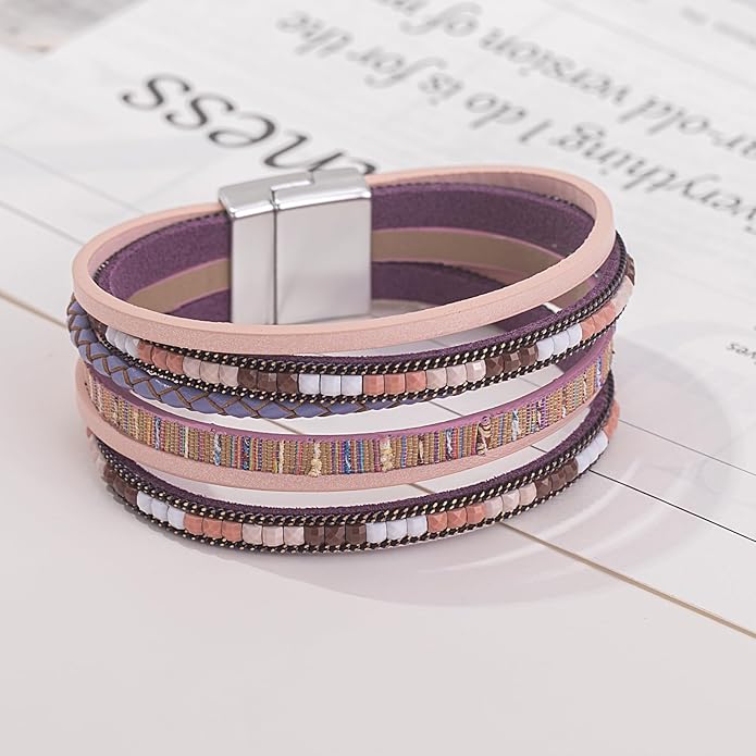 FANCY SHINY Boho Leather Wrap Bracelets Trendy Layered Bracelets with Magnetic Clasp Strackable Bohemian Jewelry Gifts for Women
