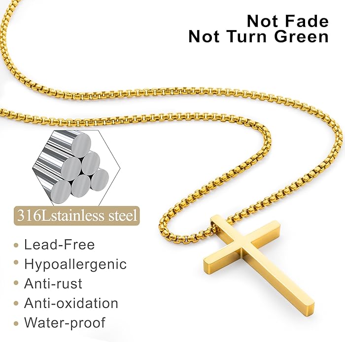 Romass 2 Pcs Cross Necklace for Men Boys,Stainless Steel Pendant Silver Black Gold Crosses Chain Jewelry Gifts Box 16-30 inches