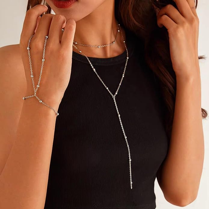 Luxval Lariat Silver Necklace for Women, Dainty Long Necklace Silver Y-Shaped Pendant Necklaces Trendy Beaded Chain Drop Necklaces Jewelry for Women Gifts