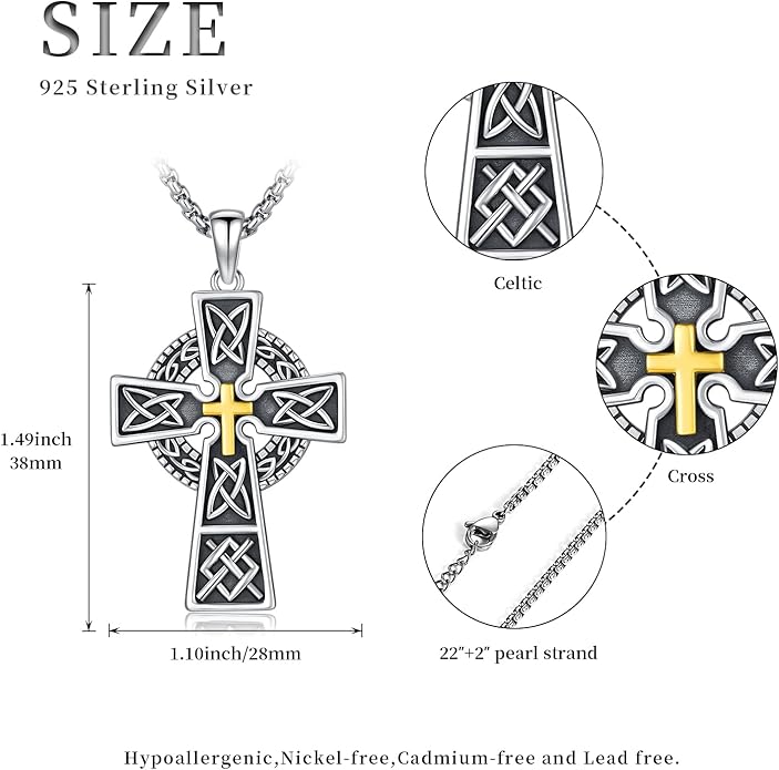 Midir&Etain Celtic Cross Necklace 925 Sterling Silver Cross Pendant Necklace Celtic Viking Irish Jewelry Religious Protective Gift for Men Women