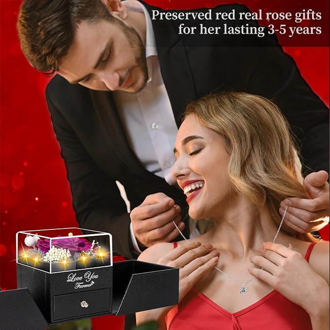 Preserved Purple Real Rose-Eternal Flowers Rose Birthday Gifts for Her Mom Wife Girlfriend Grandma on Valentines Mothers Day Christmas Anniversary Romantic with Heart I Love You Necklace-Purple