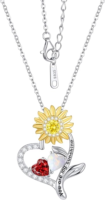 PERJI Valentine's Day Gifts for Women - 925 Sterling Silver Double Birthstone Sunflower Necklace, Anniversary Birthday Jewelry You are My Sunshine Gifts for Wife Couple Girlfriend 18"+2" Non Tarnish