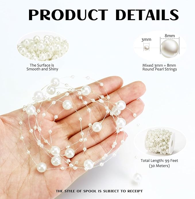 Towenm 99 Feet Fishing Line Artifical Pearl Strings for Crafting, Faux Pearl Garland Strands for Floating Candle Vases Filler Wedding Centerpiece Bouquet Christmas Tree Party Decoration, Ivory