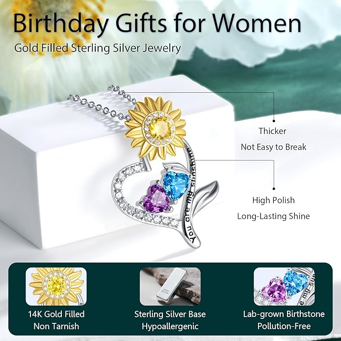 PERJI Valentine's Day Gifts for Women - 925 Sterling Silver Double Birthstone Sunflower Necklace, Anniversary Birthday Jewelry You are My Sunshine Gifts for Wife Couple Girlfriend 18"+2" Non Tarnish