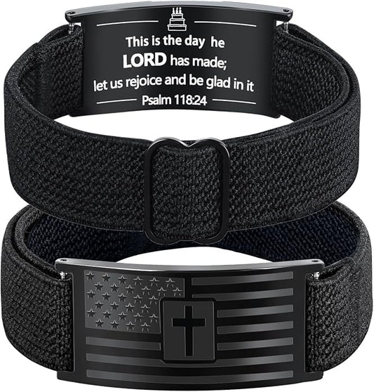LDOWWGL Valentines Day Gifts - Mens Bracelet - American Flag Christian Cross Bracelet for Boys - Adjustable Black Elastic Stretch Strap with Bible Verse - Gift for Son Grandson