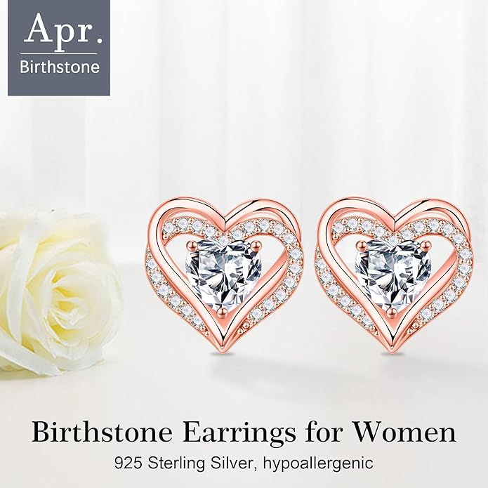 Iefil Birthstone Earrings for Women, 925 Sterling Silver Heart Stud Earrings Birthday Gifts for Women