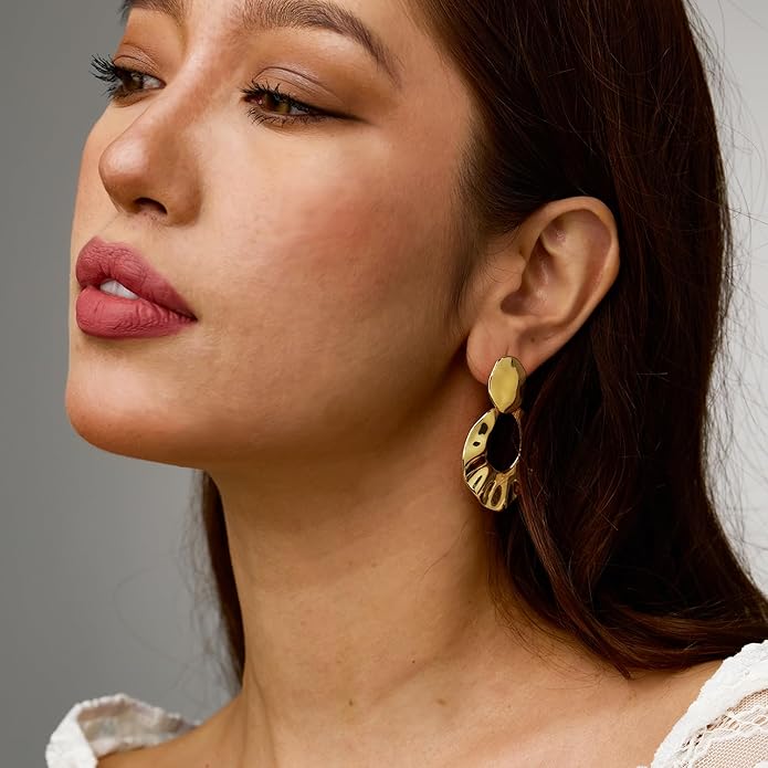 Hefanny Large Hammered Teardrop Dangle Earrings Geometric Chunky Flower Earrings Women's Trendy Statement Jewelry Multiple Styles