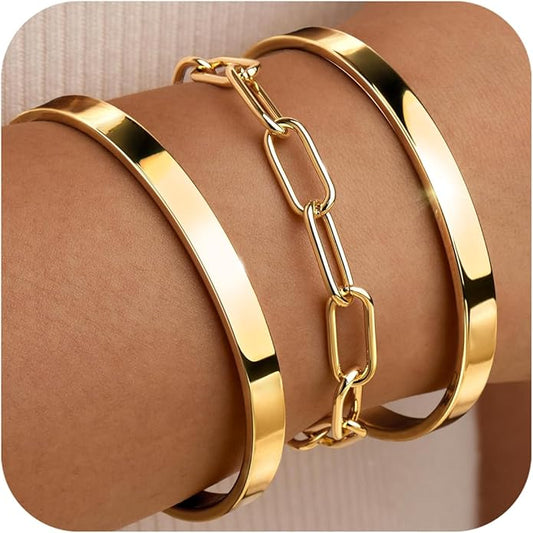 Silver Bracelets for Women Stack, Silver or Gold Plated Cuff Bangle Set, Trendy Silver Jewelry for Women Fashion