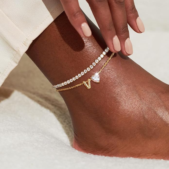 Gold Initial Ankle Bracelets for Women Waterproof 14K Gold Filled Layered Anklets for Women Non Tarnish Women's Anklets Adjustable Large Ankle Summer Beach Foot Jewelry
