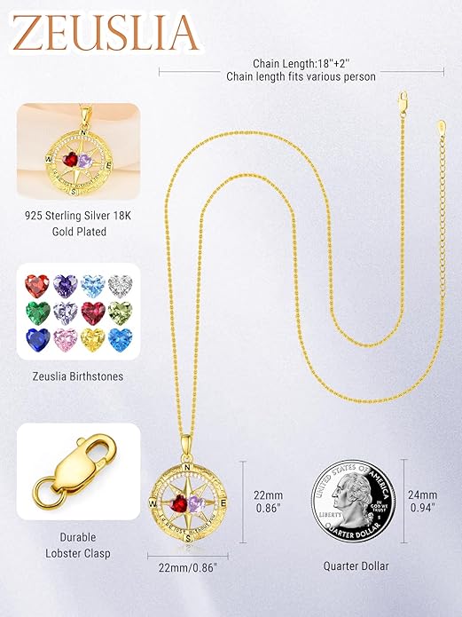 Zeuslia Double Birthstone Necklace Gifts for Wife - 925 Sterling Silver Sunflower/Rose/Crown Cross/Compass/Heart Pendant I Love You Necklace, Anniversary Birthday Gifts for Wife Girlfriend Mom Her