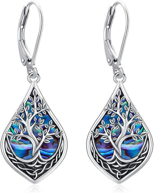 Eusense Sterling Silver Dangle Earrings for Women Tree of Life Animals Moonstone Turquoise Leverback Earrings Jewelry Gifts