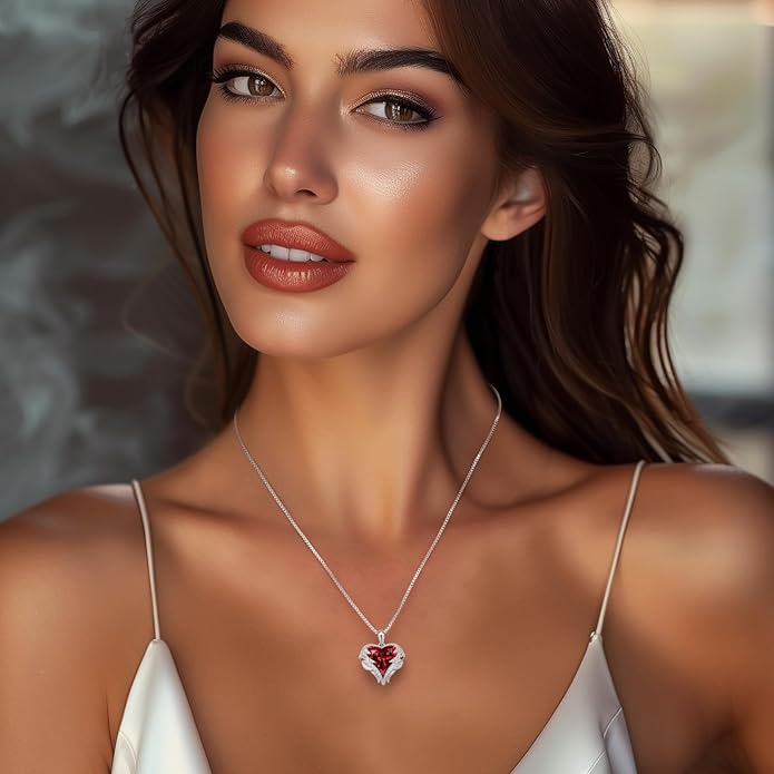 CDE Angel Wings Necklace for Women with Birthstone, Love Heart Silver Tone/Gold Tone Pendant, Ideal Anniversary or Birthday Jewelry Gifts for Wife Girlfriend Her
