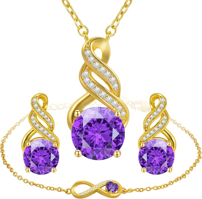 HNPHQT Jewelry Sets for Women-18K Gold Plated Dainty Birthstone Pendant,Trendy Necklace Earrings Infinity Bracelets Set,Ideal Jewelry Gifts for Her Mom