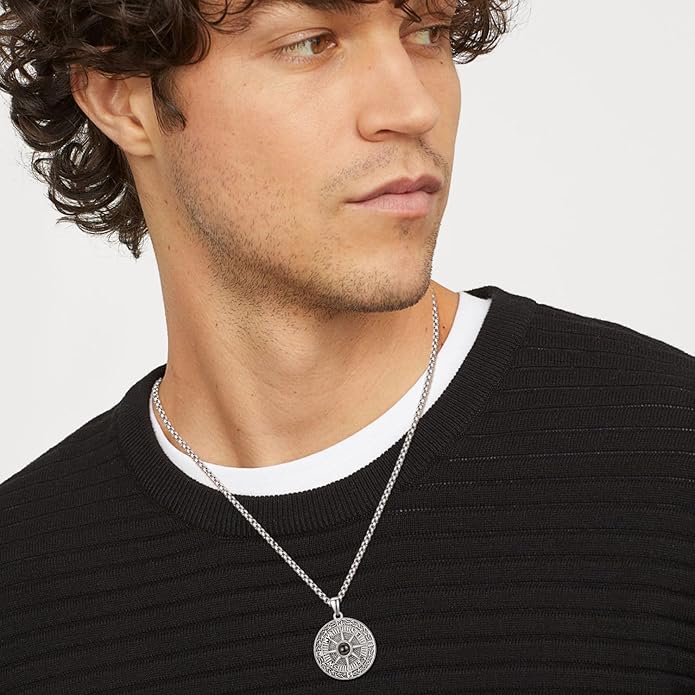 KINGWHYTE Compass Necklace for Men 925 Sterling Silver Birthday Gifts Graduation Travel Jewelry for Husband Brother with Stainless Steel Chain