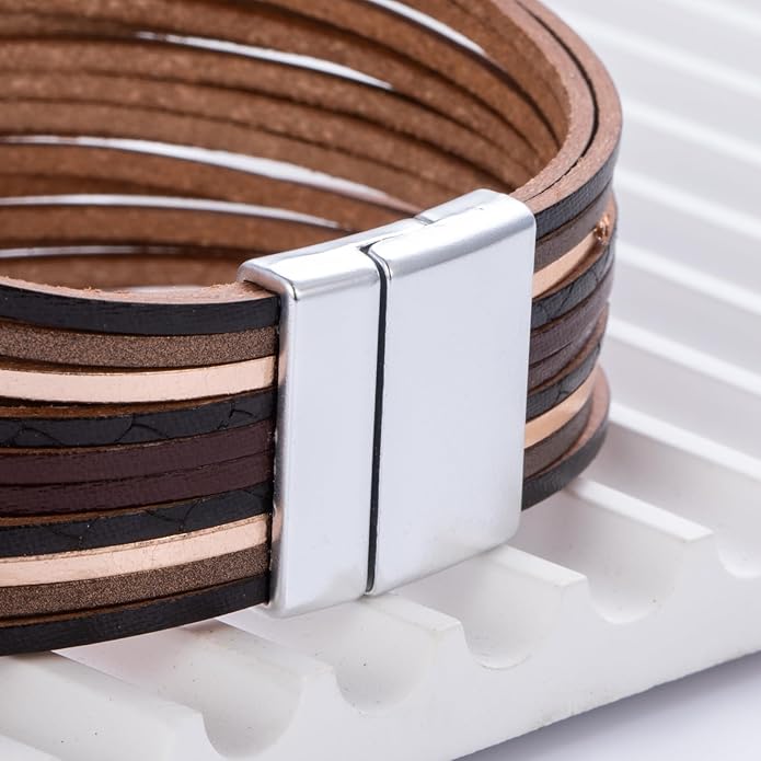 FANCY SHINY Boho Leather Wrap Bracelet Stackable Layered Bangle Cuff with Magnetic Clasp