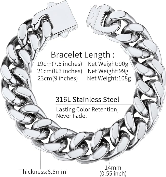 ChainsHouse Stainless Steel Cuban Link Bracelet for Men, 5mm/7mm/9mm/12mm Width, 7.5"/8.3"/9" Length, Black/18K Gold Plated Chain Wrist Bracelets for Men, with Gift Box