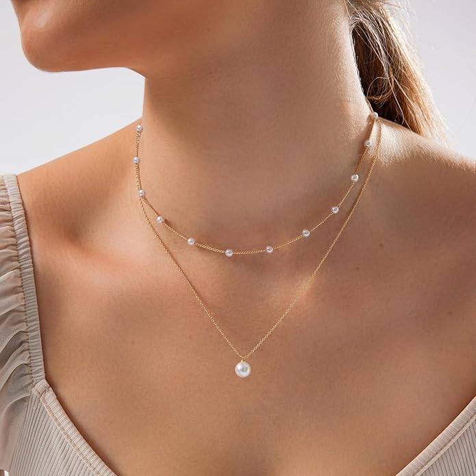 Gold Jewelry Set for Women - Dainty 14K Gold/Silver Plated Pearl Choker Necklace, Drop Earrings & Bracelets - Wedding Trendy Pearl Jewelry Gift