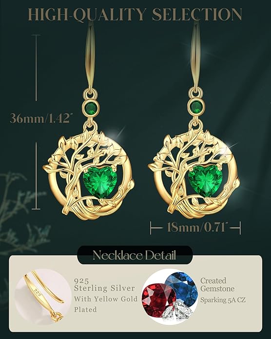 FANCIME Tree of Life Dangle Drop Earrings 925 Sterling Silver Dainty Round Gemstone Birthstone Earring Fine Jewelry Birthday Christmas Gifts for Her Women