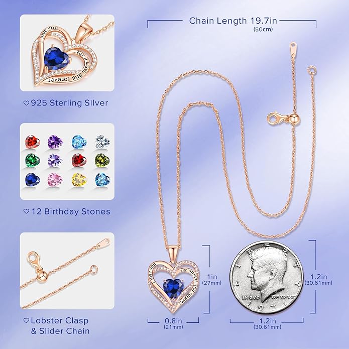 Vakki Birthstone Jewelry for Women Pendant Necklace 925 Sterling Silver Heart Necklace Birthday Gifts for Wife Daughter Girlfriend