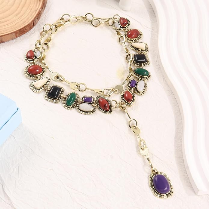 Vintage Bohemia Necklace Golden Charm Gemstone Necklace for Women Long Pendant Jewelry