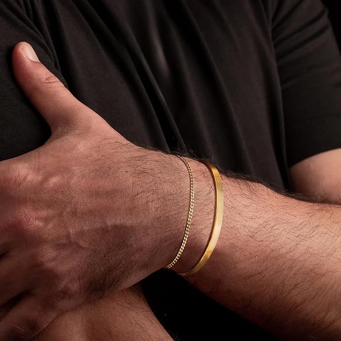 Moodear Stackable Bracelets for Men - Dainty 925 Sterling Silver/14K Gold Plated Cuff Snake Box Cuban Link Chain Bangle Bracelet Set Mens Jewelry