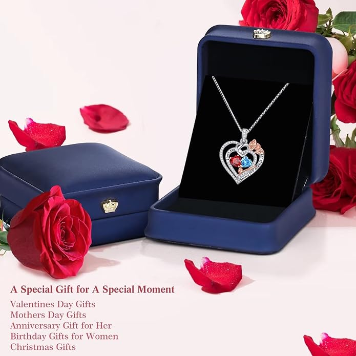 Iefil Rose Heart Necklace Gifts for Wife Women - 925 Sterling Silver Double Birthstone Necklace, Anniversary Birthday Gifts for Women, Jewelry Gift for Wife Girlfriend Mom Her