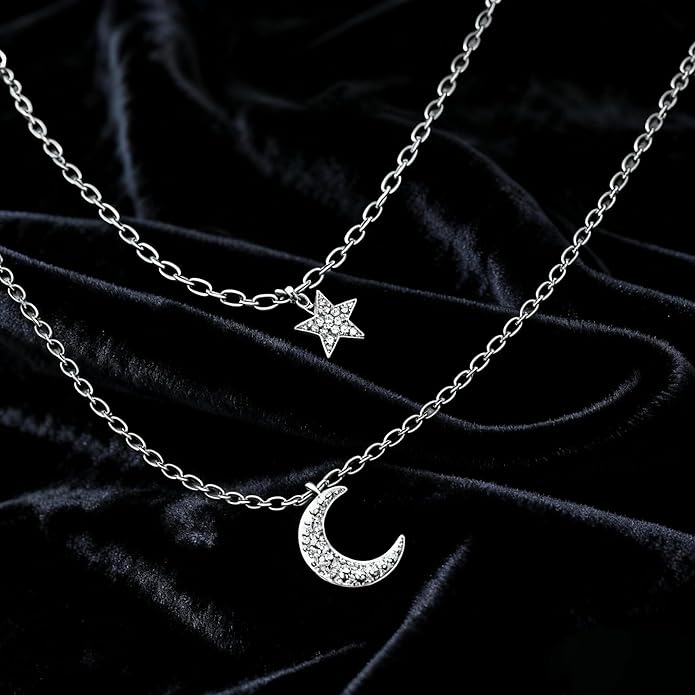 Layered Sliver Necklaces for Women - Dainty Sliver Plated Moon Star Pendant Choker, Adjustable Stackable Dainty Chain Jewelry Set,Trendy Jewelry Gift