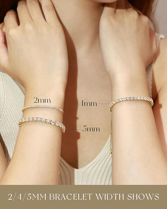 FANCIME Gold Moissanite Tennis Bracelet 1.2ct-12ct Lab Created Moissanite Diamond Bracelets,925 Sterling Silver Adjustable Bolo Tennis Bracelets, 2/3/4/5mm D Color VVS1 Round Cut Moissanite Bracelet for Women