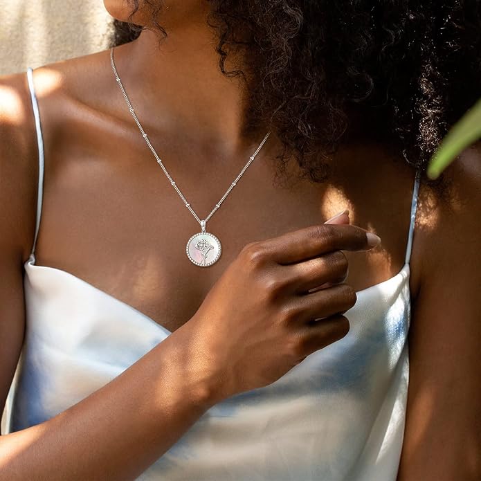 AGVANA Valentines Day Gifts Sterling Silver Birth Flower Necklace for Women Genuine Mother of Pearl CZ Round Disc Pendant Necklace Fine Jewelry Anniversary Birthday Gifts for Women Wife Mom Her