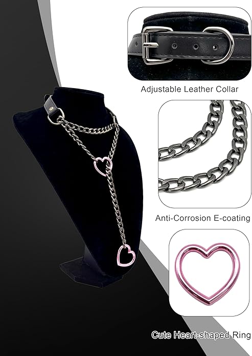 Black Leather Choker Collar For Women, Handmade Heart Slip Chain Choker Long Necklace with Adjustable Buckle