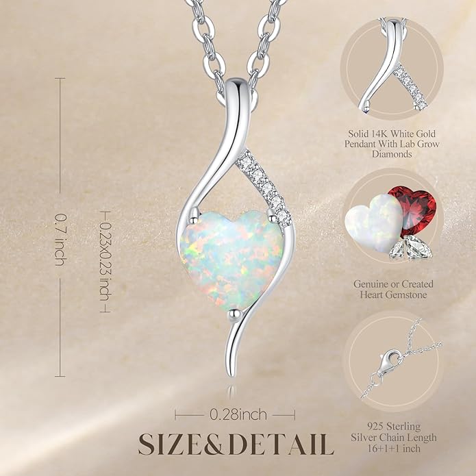 FANCIME 14K Solid White Gold Birthstone Necklace Genuine or Created 6mm Heart Gemstone Pendant with Lab Grow Diamonds Sterling Silver Chain Fine Jewelry Anniversary Birthday Gifts for Women 16" + 2"