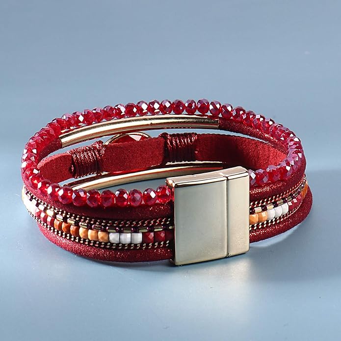 FANCY SHINY Leather Wrap Bracelets Crystal Beads Bracelet Boho Cuff Stone Charm Bracelets with Clasp Costume Jewelry for Women