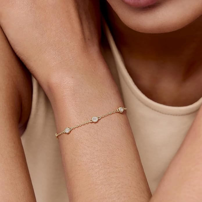 Gold Bracelets for Women,14K Dainty Gold Plated Bracelets Non Tarnish Waterproof Diamond Bracelets Heart Flower Round Square CZ Charm Bracelet Trendy Stuff Jewelry Gifts for Her